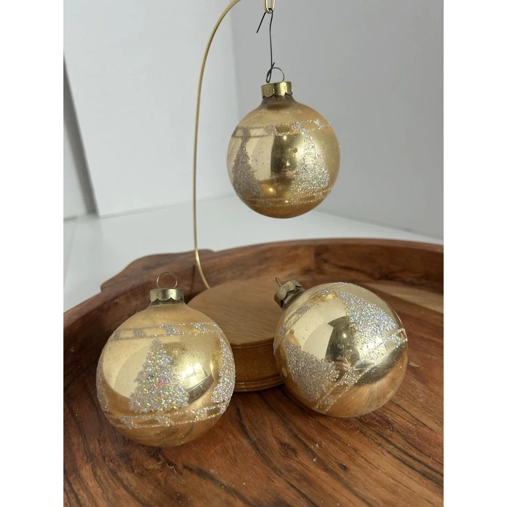 Vintage Christmas Tree Ornament Set Of 3 Gold W/ Glitter Pine‎ Tree Estate Find